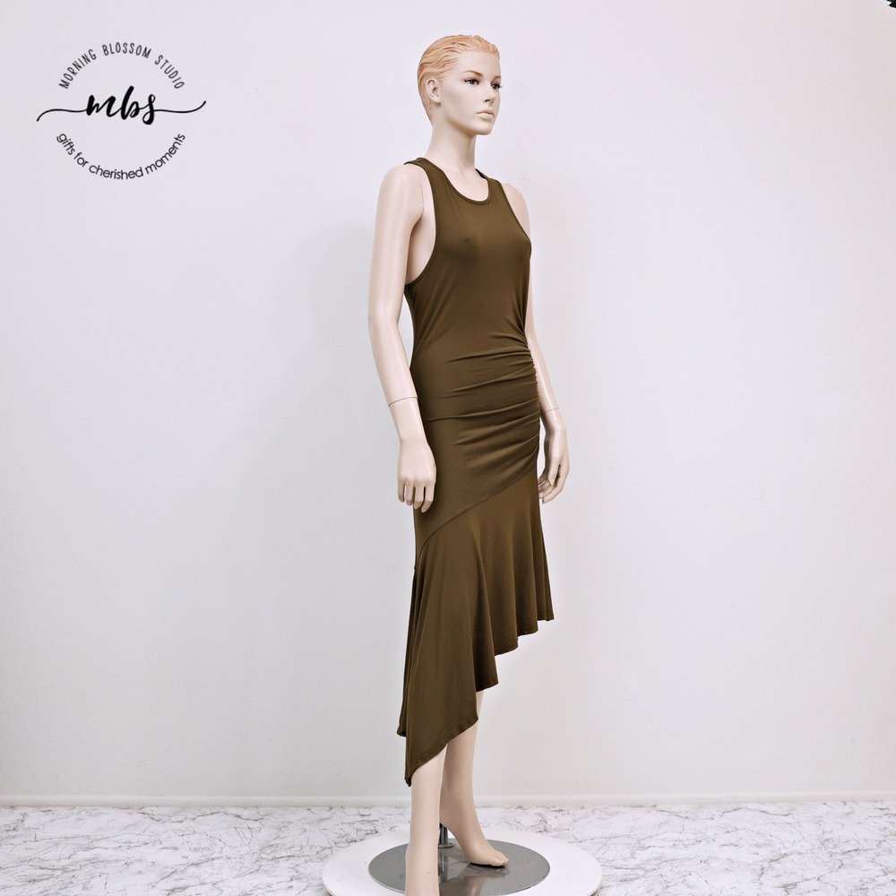 NWT Daily Practice at Anthropologie Ruched Asymmetrical Tank Midi Dress Olive M